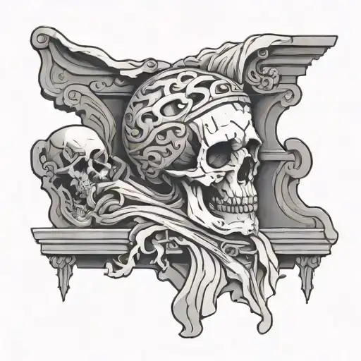 Broken Greek Sculpture Horizontally With Skull Inside