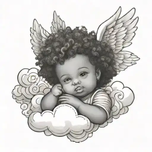 Fine Line Baby Angel On Cloud With Afro