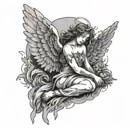 Angel With Cut Wings Laying On The Ground Next To Them