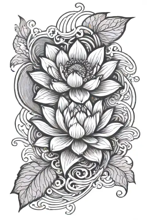 Free Hand Lotus And Wave And Heartbeat Line