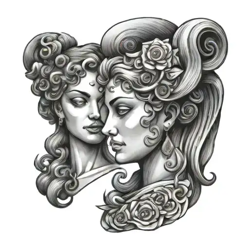 Gemini Two Faces Statue Head Profile Traditional Lady Head