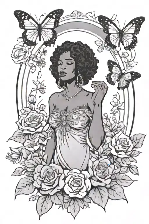 Strength Tarot Card With Black Woman With Flowers And Butterflies Surrounding It