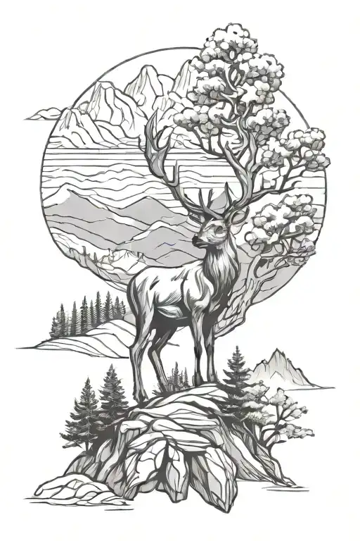 Deer In Mountains With Trees