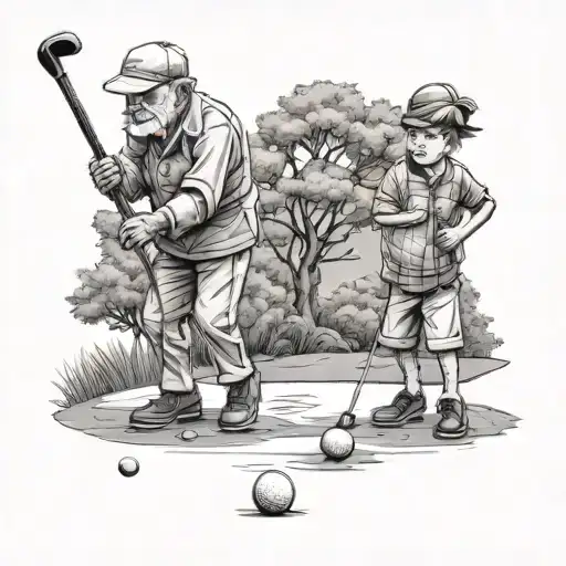 Grandfather Golfing And Grandson Watching