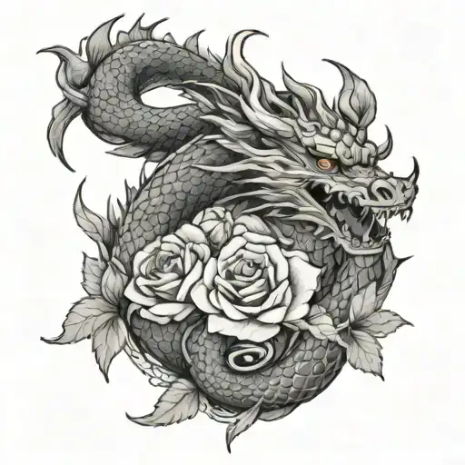 Japanese Dragon Surrounded By Roses