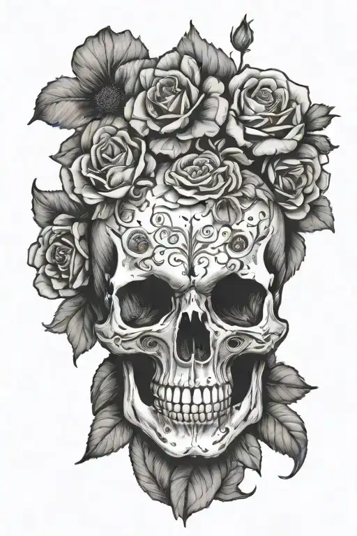 Skull And Anatomical Heart With Flowers
