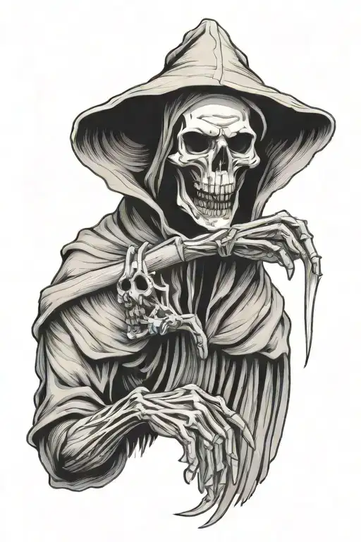 Grim Reaper Holding A Severed Head While Making The Shush Gesture
