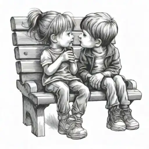 A Little Girl And A Little Boy Kissing On A Bench