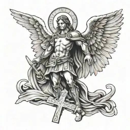 Saint Micheal The Archangel With A Cross Above Him And A Rosary Throughout The Art