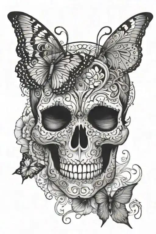 Skull With Mandala Butterfly Over Eyes