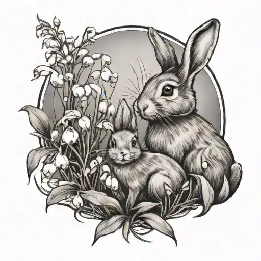 Big Bunny And Little Bunny In A Field Of Lily Of The Valley