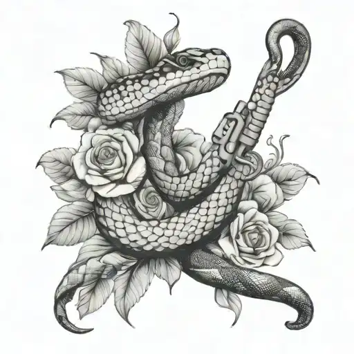 Snake Wrapped Around Flowers With Gun