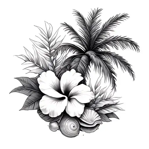 Hawaiin Palm Tree And Hibiscus Flowers Tropical And Sea Shells