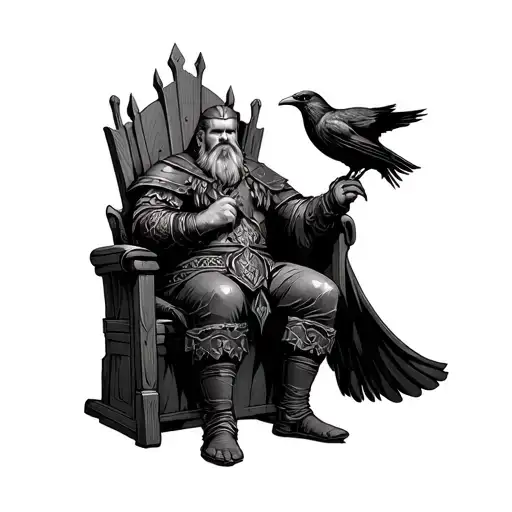 Blackwork Tattoo Style Viking Man Sitting On A Throne Looking Forward Holding A Raven
