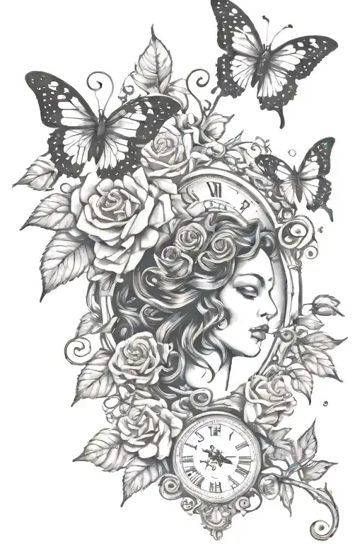 Medusa And Rose Branches And Clocks And Butterfly's