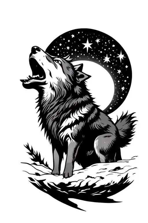 Wolf Howling With The Stars And Moon Above