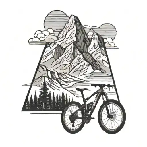 A Black-grey Tattoo Of A Mountain Range Silhouette With A Sleek Bike Integrated Into The Design