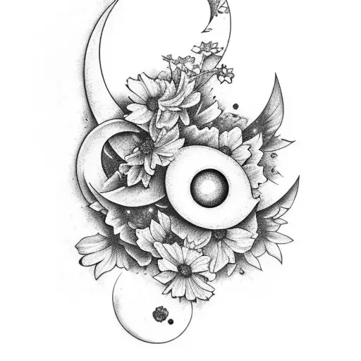 Cosmos Flowers And Crescent Moon