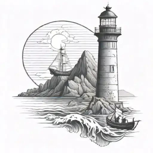 Lighthouse Of Alexandria With Greek Longship And Mountain Range