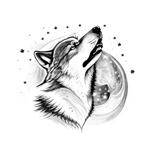 A Wolf Howling At The Night Sky With A Galaxy Inside Its Silhouette