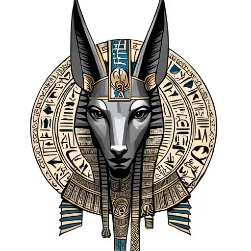 Egyptian God Anubis Surrounded By Hieroglyphics Intertwined