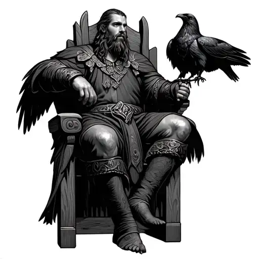 Blackwork Tattoo Style Viking Man Sitting On A Throne Looking Forward Holding A Raven