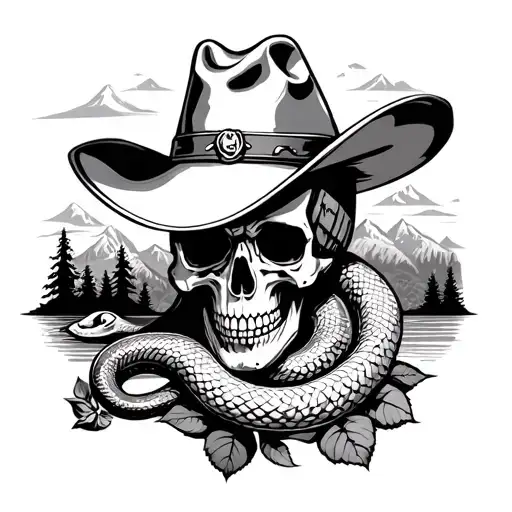 Roses Skull With Snake Wearing Cowboy Hat Rivers With Trees And Mountains