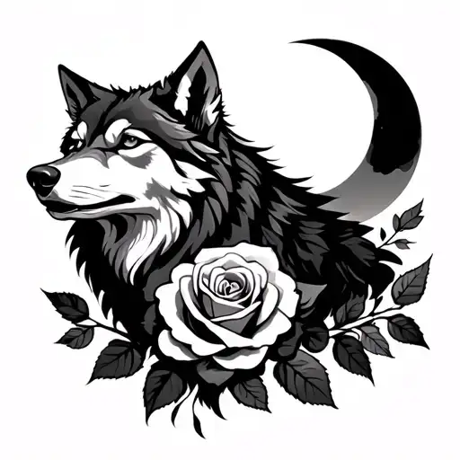 Wolf With Moon And A Rose Intertwined