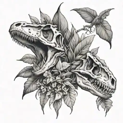 Dinosaur Skulls And Jungle Leaves