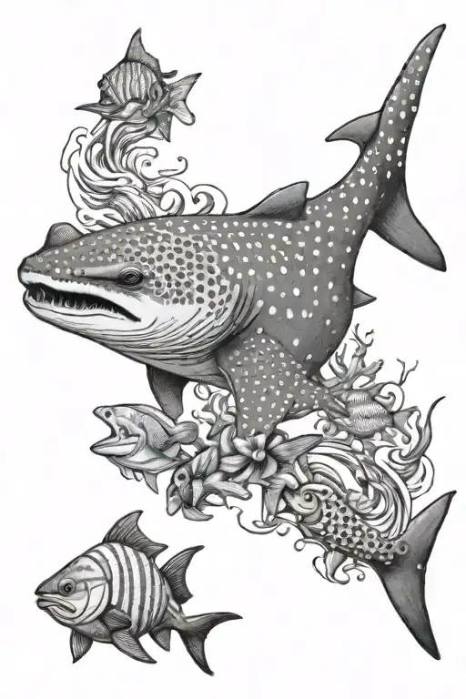 Realistic Whale Shark Swimming Through A Sea Of Tropical Fish With A Pinup Girl Riding On Its Back