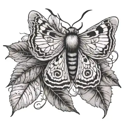 Deaths Head Moth On Spiderwebs With Leaves Around It