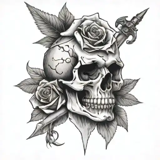 Sketch Of A Tattoo On The Forearm Of The Skull And Rose Pierced With A Dagger