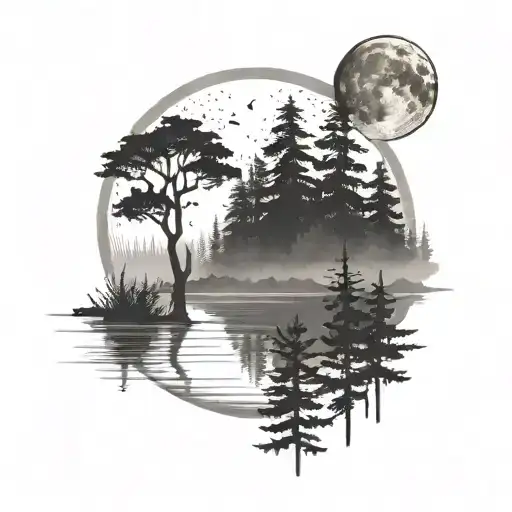 Fog And Pine Trees On Lake With Moon