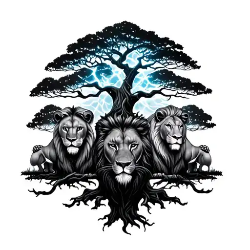 A Tree Made Of Lightening With 2 Lions And One Lioness