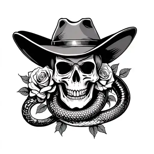 Roses Skull With Snake Wearing Cowboy Hat