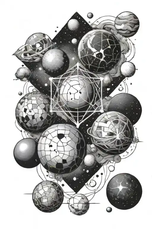 4 Spheres Located At The Vertices Of A Square And A Galaxy In The Background