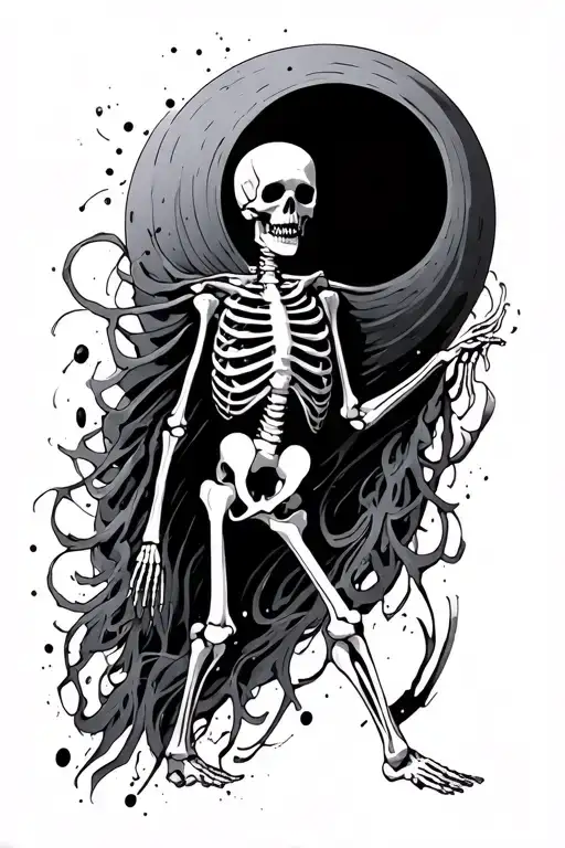 Full Skeleton Head And Body On Ribs Walking Towards Black Hole