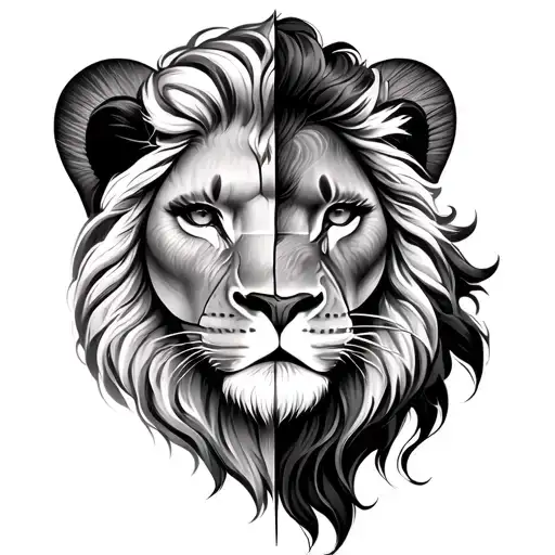 Half Lion Faceand Half African American Woman