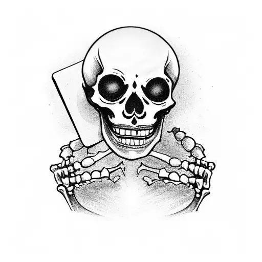 Creepy Skeleton Laughing Holding 2 Cards In One Hand And Holding A Pistol In His Right Hand