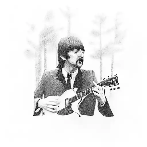 A Black And Grey Portrait Of A Member Of The Beatles Playing A Guitar In A Forest