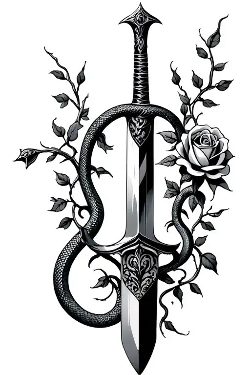 A Dagger With A Snake Wraped Around It And Vines Wrapping Around It And A Rose On The Dagger Blade