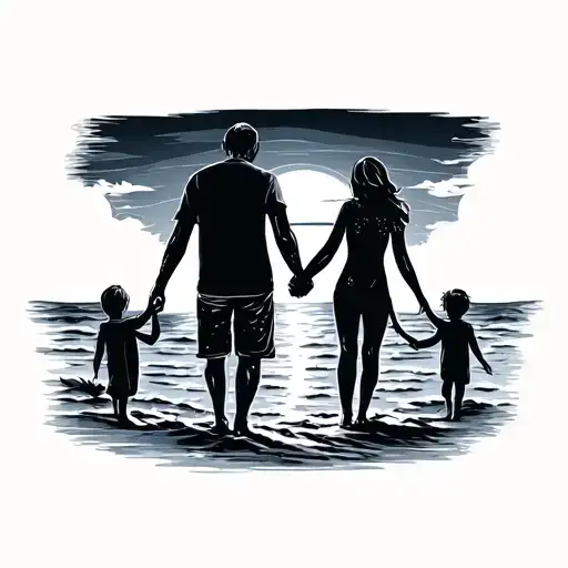 Family From Behind On The Beach Holding Hands With Sunset