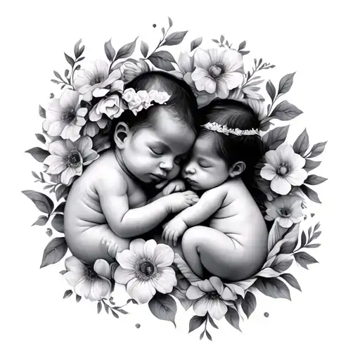 Baby Twins And Flowers Surrounding