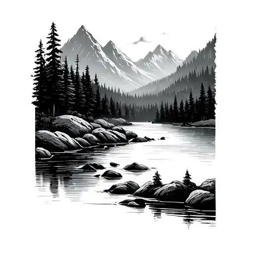 High-resolution Svg Black Monocolor Artwork Tattoo Design Simple Nature Mountains River Forest