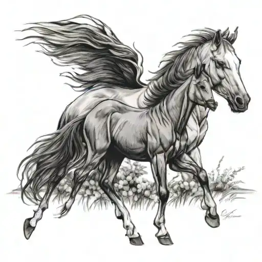 A Black-grey Tattoo Of A Mother Horse Protecting Her Foal In A Meadow