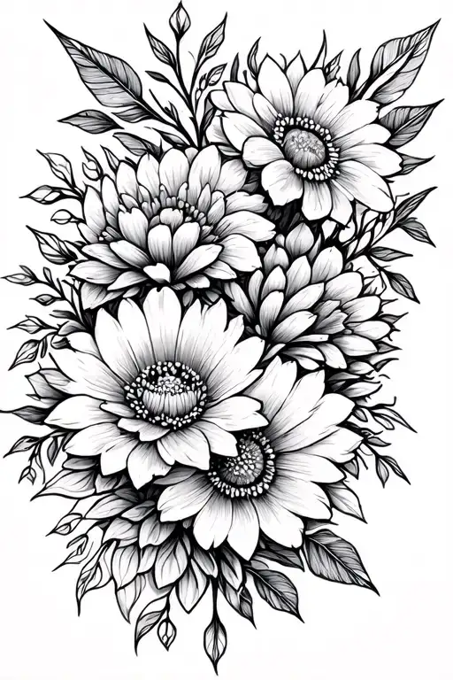 Mandala Bouquet Of Flowers Fine Line Tattoo Design