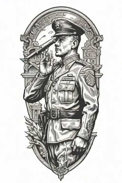 A Black-grey Tattoo Of A Military Officer Saluting In Front Of The Citadel Military School