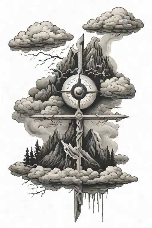 Cross Surrounded By Cloud Storm With An Eye And A Mountain