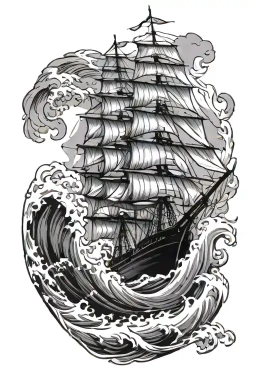 Tall Ship On A Rough Ocean Wave Merging