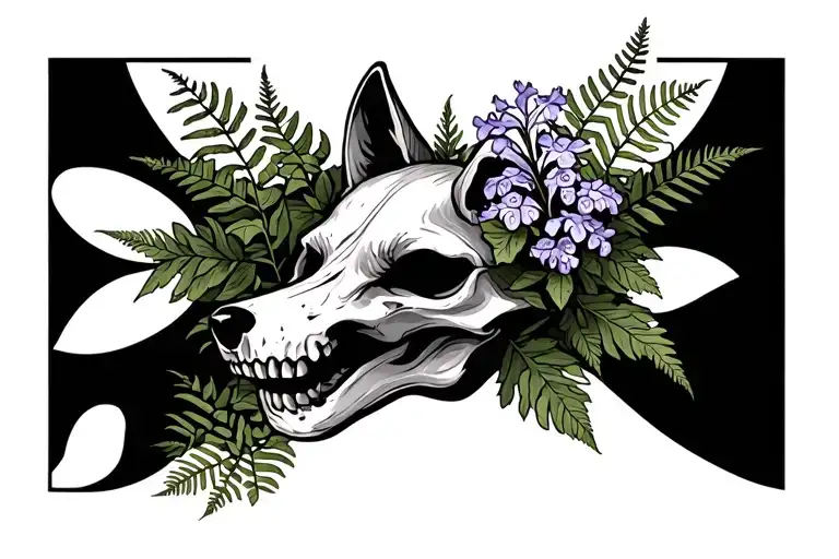 Fox Skull Surrounded By Fern Leaves And Lilacs Blooming